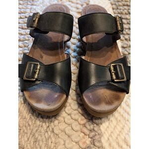 Dansko Sophie Sandals Black Leather Double Buckle Wedge Slide Womens 38